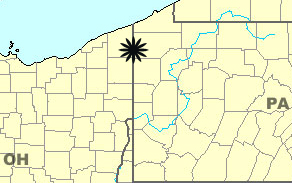 Pymatuning State Park map showing its location in Pennsylvania and Ohio
